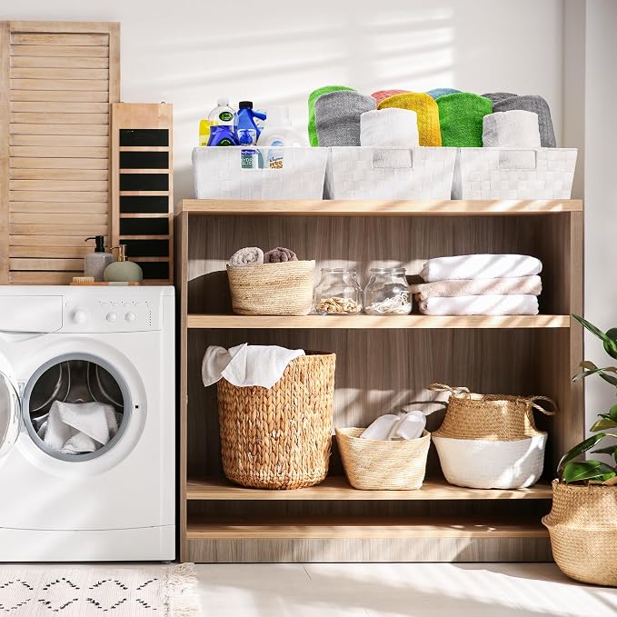 Sorbus Baskets for Organizing, Woven Storage Set (Set of 3, White) | Carry handles, mesh construction and metal frame support fabric bins for linen closets, shelves and home decor.