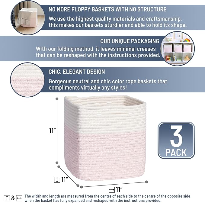 NaturalCozy Storage Cubes 11 Inch Cotton Rope Woven Baskets for Organizing, 3-Pack | Cube Storage Bin | Square Storage Baskets for Shelves Organizer, Classroom, Kids Toy Bins, Closet, Baby Nursery