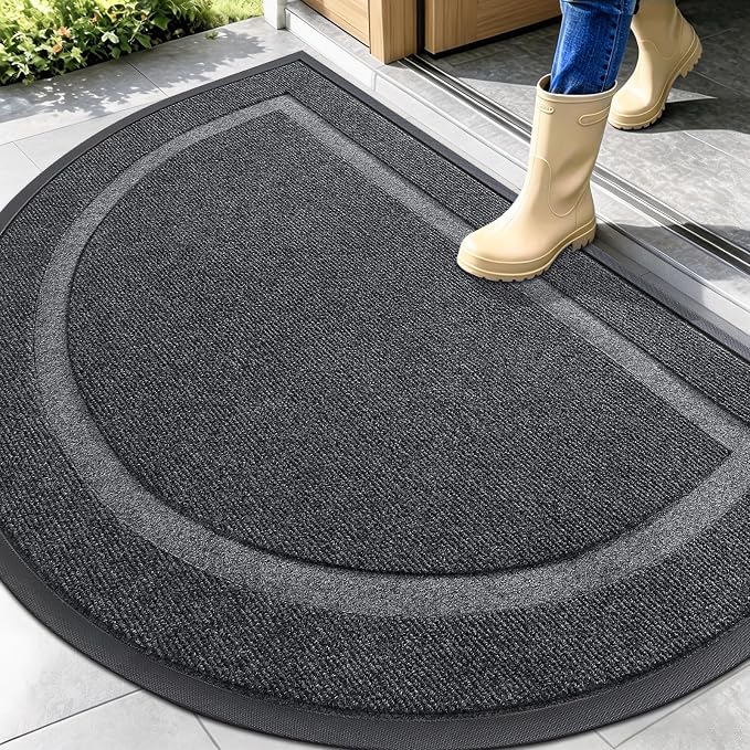 OLANLY Half Circle Front Door Mat Outside 47x32 All-Season Rubber Doormat | Grey, Absorbent, Heavy-Duty, Stain and Fade Resistant, Waterproof Non-Slip Backing, Low-Profile Indoor Outdoor Entryway Mat