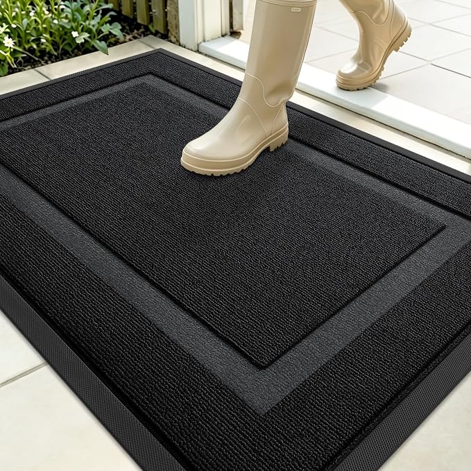 OLANLY Front Door Mat Outside 35x23, All-Season Heavy-Duty Rubber Doormat | Jet Black, Absorbent, Stain Fade Resistant, Waterproof Non-Slip Backing, Low-Profile Indoor Outdoor Floor Mat for Entryway