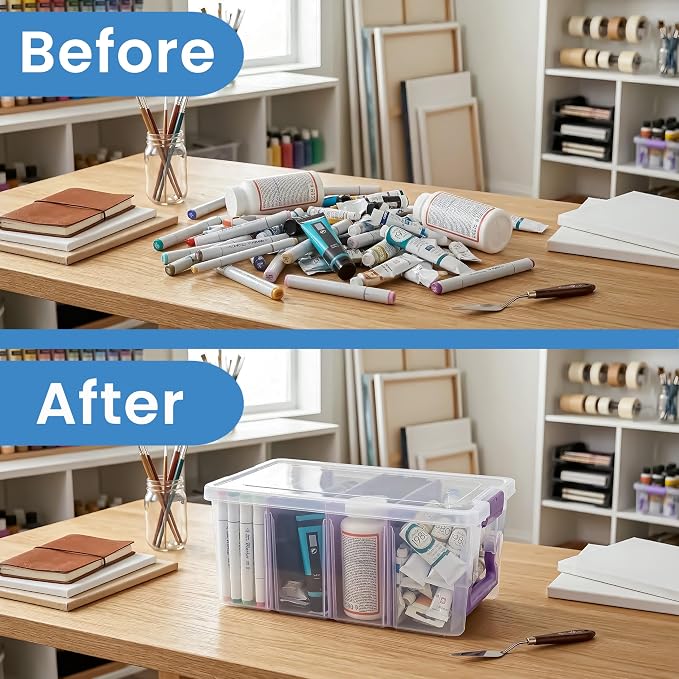 ArtBin Semi Satchel Portable Craft Organizer with 3 Dividers - Clear Plastic Storage Case for Art & Craft Supplies | 3 Removable Dividers, 15.2 x 8 x 6.2 Inches, Secure Latches, Carry Handle, Clear Durable Polypropylene