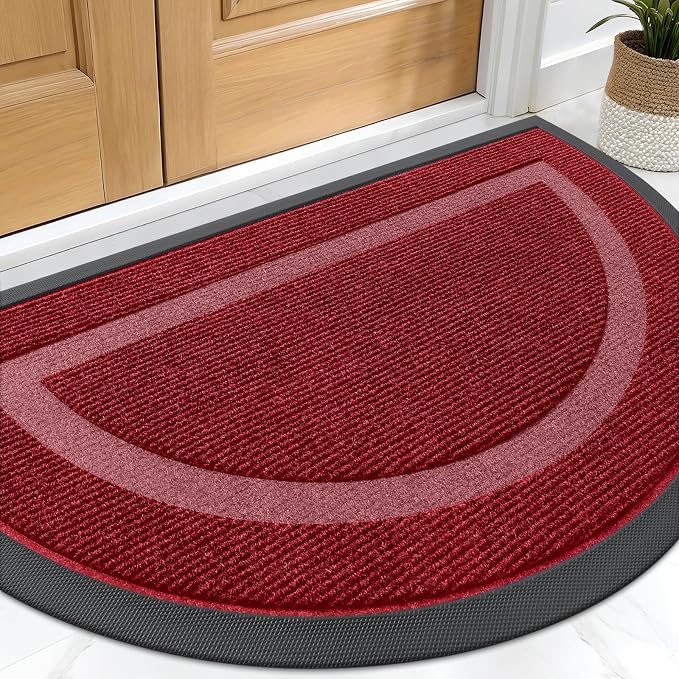 OLANLY Half Circle Front Door Mat Outside 29.5x17 All-Season Rubber Doormat | Wine Red, Absorbent, Heavy-Duty, Stain Fade Resistant, Waterproof Non-Slip Backing, Low-Profile Indoor Outdoor Entryway Mat