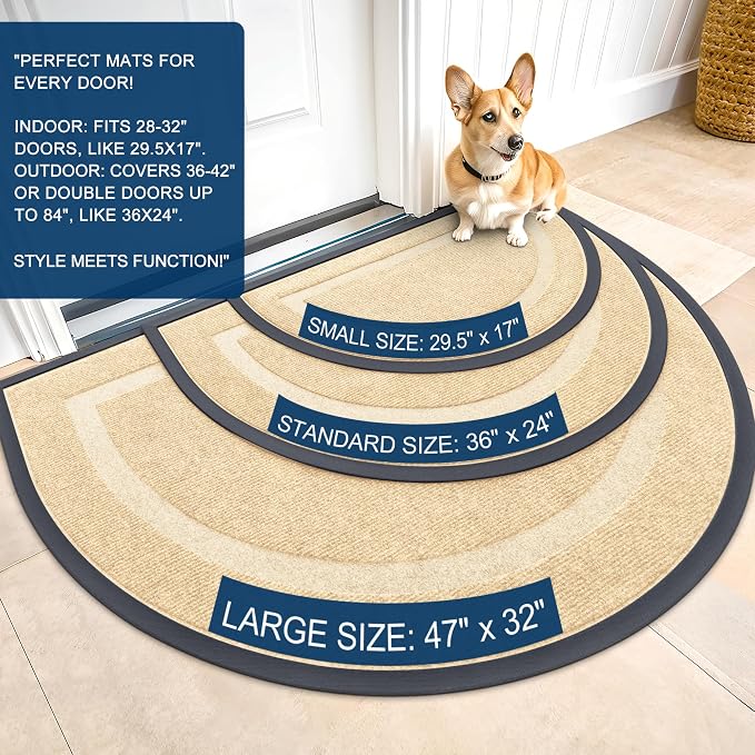 OLANLY Half Circle Front Door Mat Outside 35x23 All-Season Rubber Doormat | Beige, Absorbent, Heavy-Duty, Stain and Fade Resistant, Waterproof Non-Slip Backing, Low-Profile Indoor Outdoor Entryway Mat