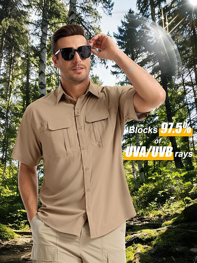 Mens Short Sleeve Fishing Shirt Sun Protection Quick Dry Lightweight | Breathable Fabric, Multi Pockets, for Fishing Safari Hiking Hunting Camping Outdoor Work Casual Wear