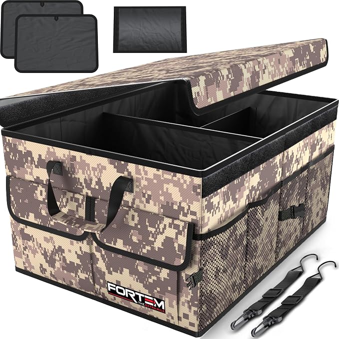 FORTEM Trunk Organizer - Foldable Car Organizer & Storage for SUVs & Trucks | Car Accessories for Men Women, Collapsible Bag, Non Slip Bottom, Straps, Soft Cover, 600D Oxford, 3 Compartments, 50L