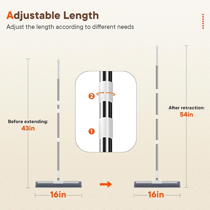 Floor Squeegee Broom with Rubber Scrubbing Teeth, 16 Inch 2-in-1 Magic Broom with 54 Inch Telescopic Long Handle, Shower Floor Squeegee for Bathroom, Kitchen, Tile, Concrete, Pet Hair