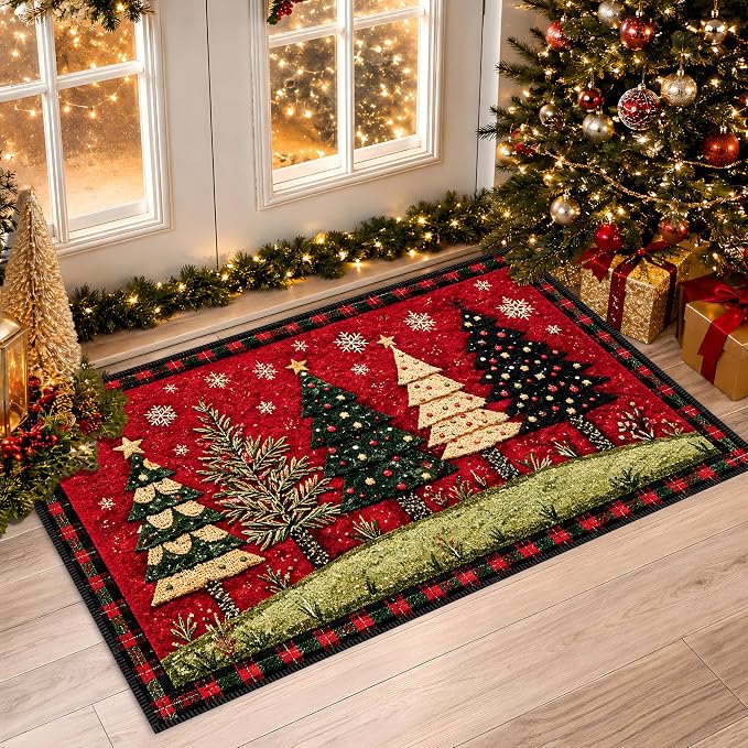 Christmas Tree Area Rug 15.7x23.6 Inch, Faux Cashmere Non Slip Floor Mat, Red Snowflake Holiday Rug for Entryway Bedroom Kitchen (Christmas Tree, 15.7x23.6inch)