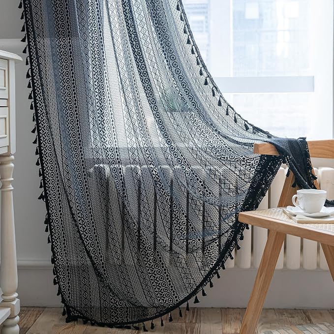 Sutuo Home Black Boho Curtain 84 Inches Length, Sheer Crochet Lace Handmade Tassels Knitted Window Treatment Vintage Rustic Bohemian Farmhouse Drape for Bedroom Rod Pocket 1 Panel 59" W x 84" L