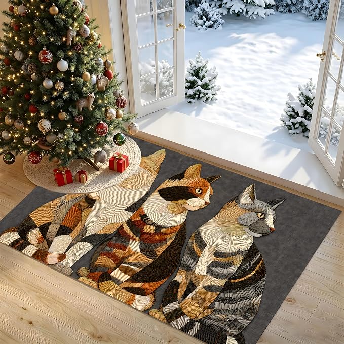 Three Cats Area Rug 15.7x23.6 Inch, Faux Cashmere Non Slip Floor Mat, Vintage Cat Decorative Rug for Entryway Bedroom Kitchen (Three Cats, 15.7x23.6inch)