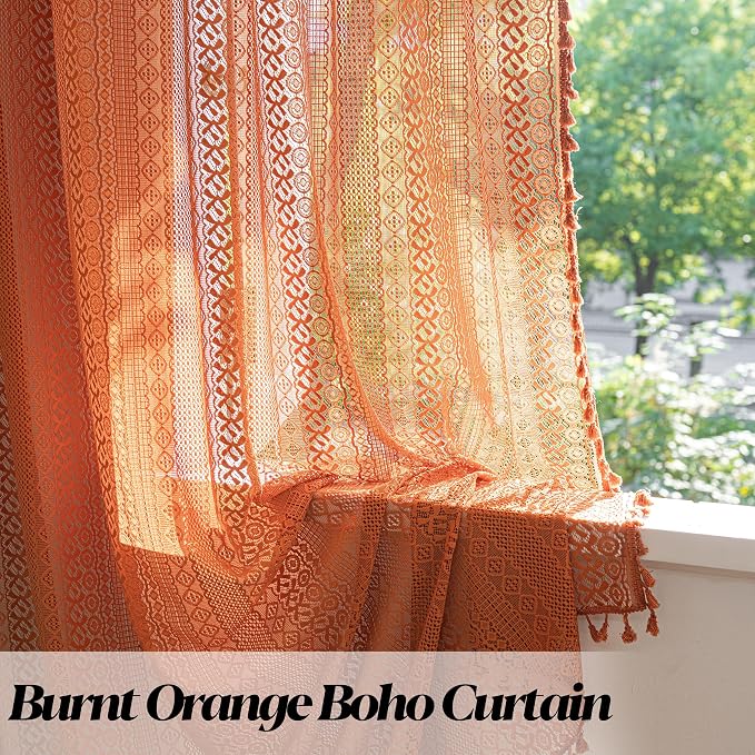 Sutuo Home Boho Curtains 72 inches Long for Bedroom Living Room, Crochet Country Lace Sheer Bohemian Hollow Knitted with Tassels,Window Treatment Drapes, Rod Pocket 1 Panel 59" W x 72" L,Burnt Orange