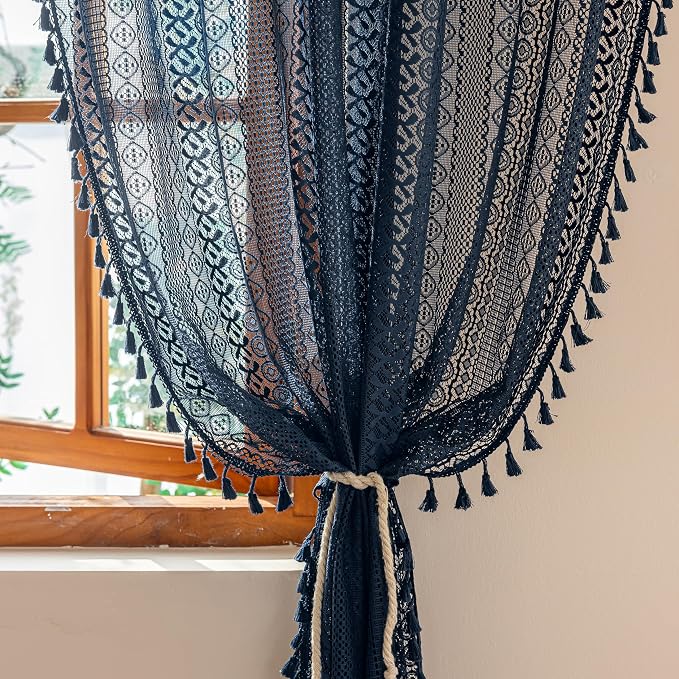 Sutuo Home Sheer Boho Curtains for Dining Room Bedroom, Window Lace Curtains Bohemian Crochet Shabby Chic Tassels French Country Long Strips Vintage Decor, Rod Pocket 1 Panel 59" W x 96" L, Navy Blue