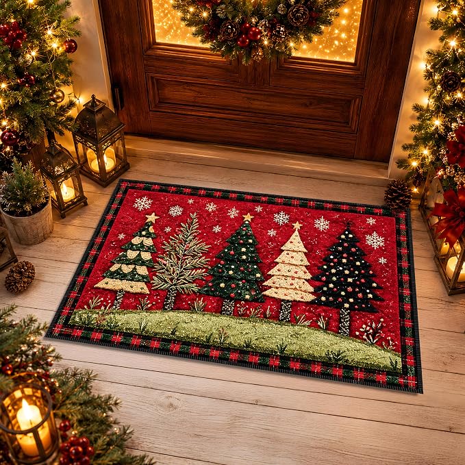 Christmas Tree Area Rug 15.7x23.6 Inch, Faux Cashmere Non Slip Floor Mat, Red Snowflake Holiday Rug for Entryway Bedroom Kitchen (Christmas Tree, 15.7x23.6inch)