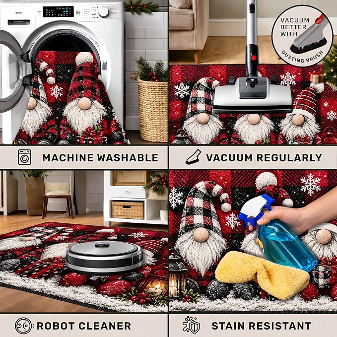 Christmas Gnome Area Rug 15.7x23.6 Inch, Faux Cashmere Non Slip Floor Mat, Red Black Plaid Holiday Rug for Entryway Bedroom Kitchen (Three Gnomes, 15.7x23.6inch)
