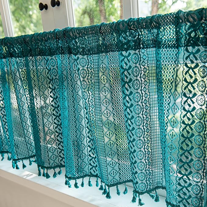 Sutuo Home Boho Valance Curtains for Kitchen Crochet Lace Sheer Bohemian Hollow Knitted with Tassels, Privacy Vintage Rustic Farmhouse Drapes, Rod Pocket 1 Panel 59" W x 18" L, Turquoise