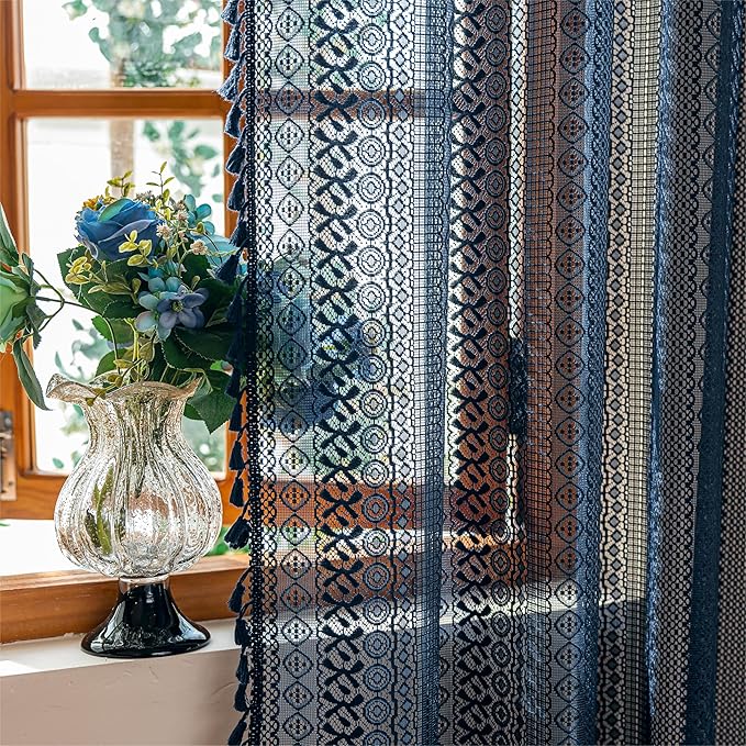Sutuo Home Sheer Boho Curtains for Dining Room Bedroom, Window Lace Curtains Bohemian Crochet Shabby Chic Tassels French Country Long Strips Vintage Decor, Rod Pocket 1 Panel 59" W x 96" L, Navy Blue