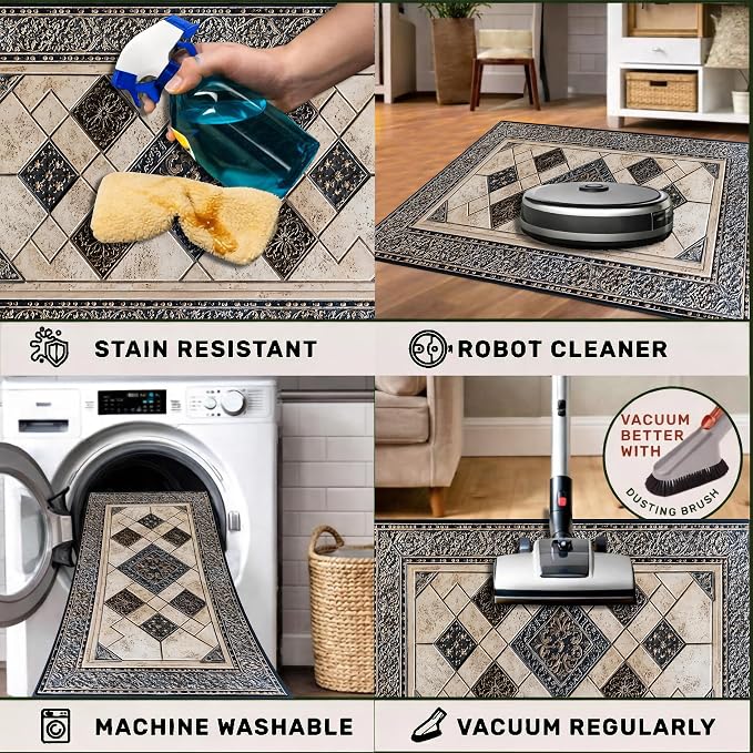 Vintage Geometric Mosaic Rug 15.7x23.6 Inch, Faux Cashmere Non Slip Small Area Rug, Decorative Indoor Floor Mat for Entryway Bedroom Kitchen (Geometric Grid, 15.7x23.6inch)