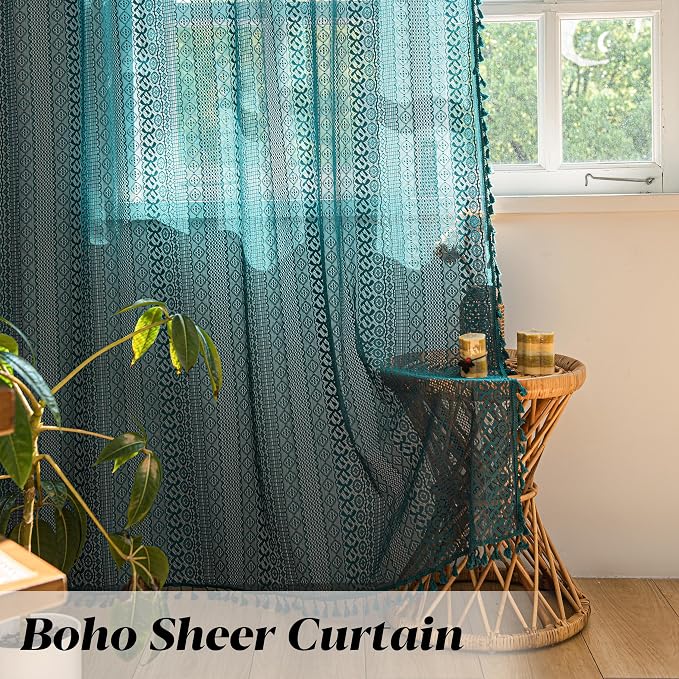 Sutuo Home Boho Curtains 72 inches Long for Bedroom Living Room, Crochet Lace Sheer Bohemian Hollow Knitted with Tassels, Rod Pocket Window Treatment Drapes, 1 Panel 59" W x 72" L, Turquoise