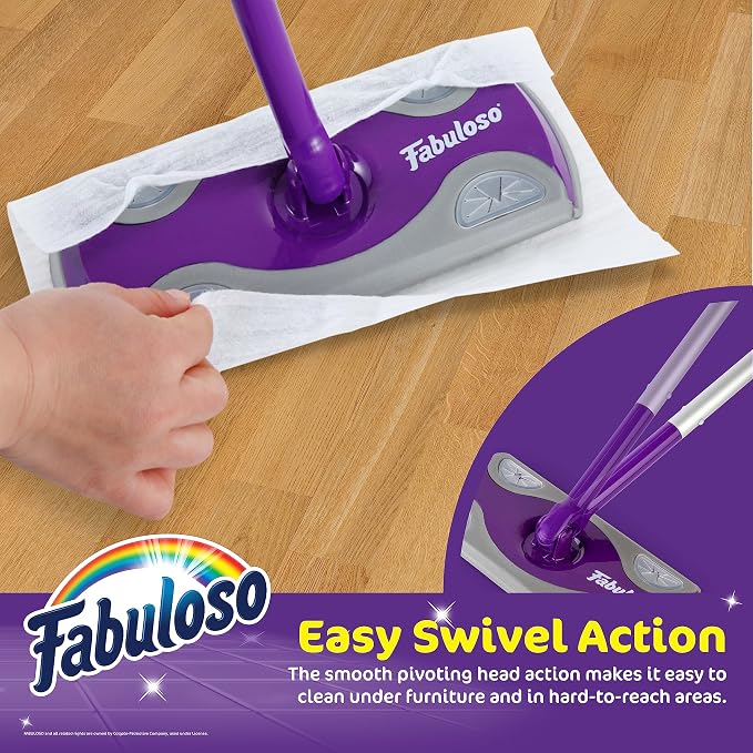 Fabuloso Dry and Wet Sweeper, 2-in-1 Floor Dust Mop for Dry Sweeping and Light Wet Mopping, Lightweight Aluminum Handle, Swivel Low-Profile Head, Bonus 12 Dry Pads Included - 12 Pack