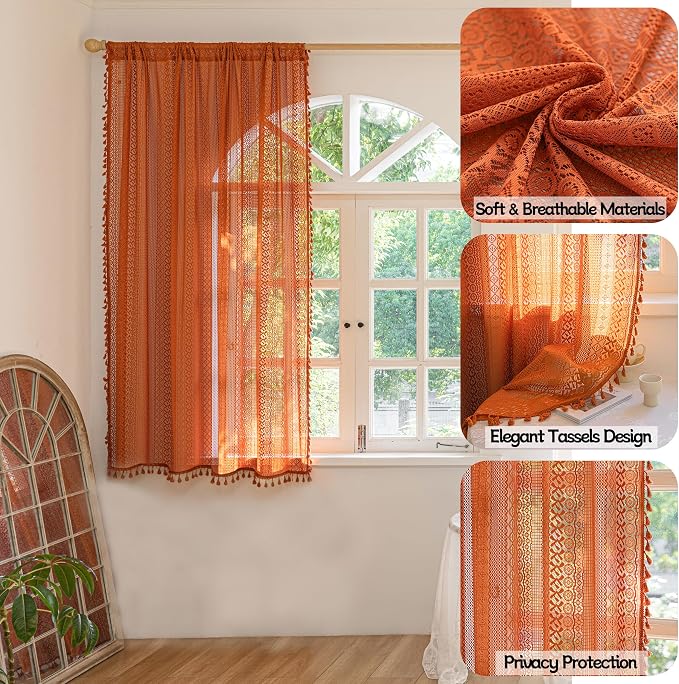 Sutuo Home Boho Curtains for Bedroom Kitchen Crochet Lace Sheer Bohemian Hollow Knitted with Tassels, Window Treatment Privacy Vintage Rustic Farmhouse Drapes, Rod Pocket 1 Panel 59" W x 63" L, Orange