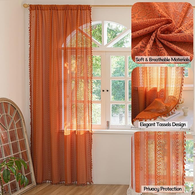 Sutuo Home Terracotta Boho Curtains for Bedroom Living Room, Crochet Lace Sheer Bohemian Style with Tassels,Window Treatment Drapes for Halloween Decor, Rod Pocket 1 Panel 59" W x 108" L, Orange