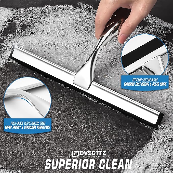 All-Purpose Shower Squeegee for Shower Doors, Bathroom, Window and Car Glass, Cleaning Tile Wall - Stainless Steel with 2 Adhesive Hooks, 10 Inches