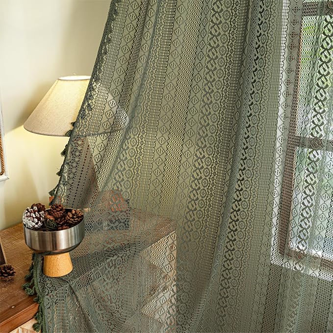 Sutuo Home Olive Green Boho Curtains 90 inches, Crochet Lace Sheer Bohemian Hollow Knitted Handmade Tassels, Privacy Vintage Farmhouse for Bedroom Living Room Easter Decor, 1 Panel 59" W x 90" L
