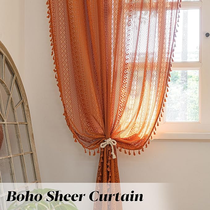 Sutuo Home Terracotta Boho Curtains for Bedroom Living Room, Crochet Lace Sheer Bohemian Style with Tassels,Window Treatment Drapes for Halloween Decor, Rod Pocket 1 Panel 59" W x 108" L, Orange
