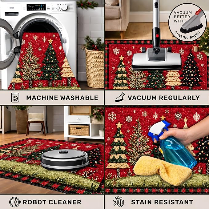 Christmas Tree Area Rug 15.7x23.6 Inch, Faux Cashmere Non Slip Floor Mat, Red Snowflake Holiday Rug for Entryway Bedroom Kitchen (Christmas Tree, 15.7x23.6inch)