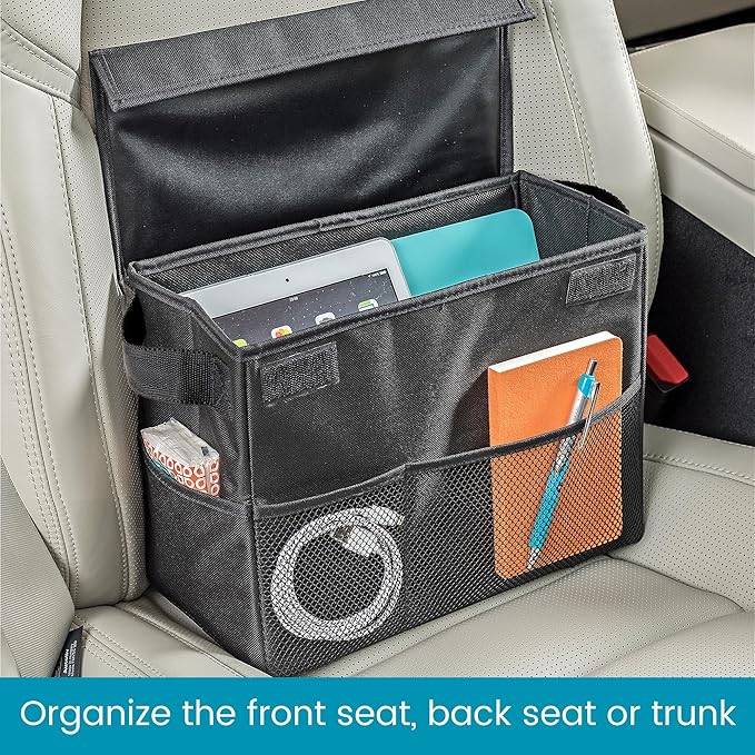 Carganizer Car Storage Bin with Lid for Front Seat, Back Seat or Trunk | Multipurpose Compact Car Organizer Holds Driving Essentials, Paperwork, Cleaning Supplies, Road Trip and Pet Needs