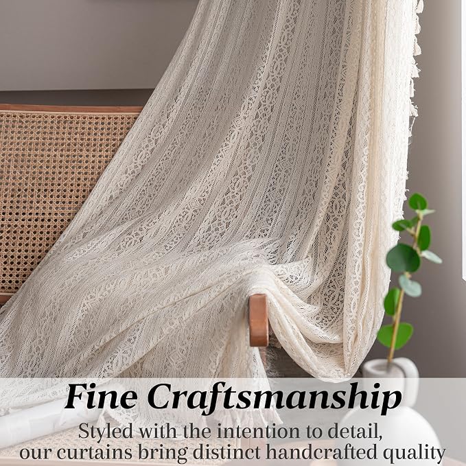 Sutuo Home Boho Curtain Crochet Lace Semi-Sheer Florals Hollow Knitted Handmade Tassels, Rod Pocket Window Treatment Vintage Rustic Farmhouse Drapes for Living Bedroom, 1 Panel 59" W x 63" L, Beige