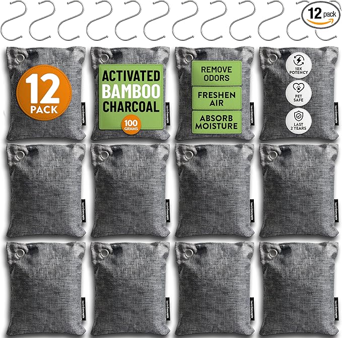 Activated Bamboo Charcoal Odor Absorber Bags for Strong Odors - 12 Pack Large 100g Air Purifying Bags, Natural Activated Charcoal Deodorizer for Shoes, Closet, Car, Gym Bag, Bathroom & Home