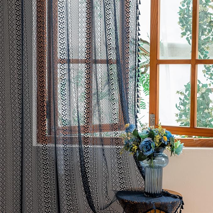 Sutuo Home Sheer Boho Curtains for Dining Room Bedroom, Window Lace Curtains Bohemian Crochet Shabby Chic Tassels French Country Long Strips Vintage Decor, Rod Pocket 1 Panel 59" W x 96" L, Navy Blue