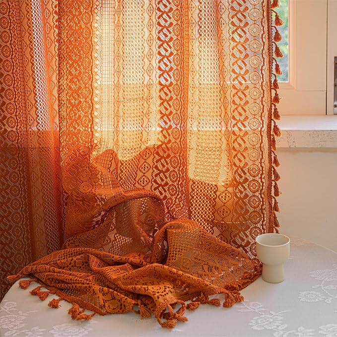 Sutuo Home Terracotta Boho Curtains for Bedroom Living Room, Crochet Lace Sheer Bohemian Style with Tassels,Window Treatment Drapes for Halloween Decor, Rod Pocket 1 Panel 59" W x 108" L, Orange