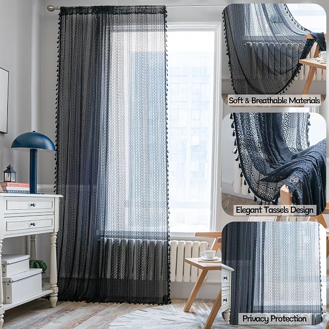 Sutuo Home Black Boho Curtain 84 Inches Length, Sheer Crochet Lace Handmade Tassels Knitted Window Treatment Vintage Rustic Bohemian Farmhouse Drape for Bedroom Rod Pocket 1 Panel 59" W x 84" L