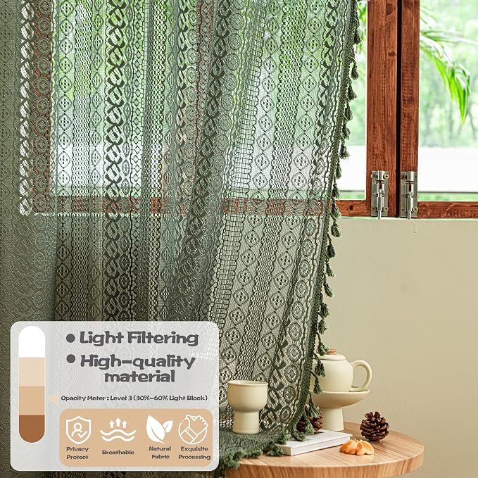 Sutuo Home Olive Green Boho Curtains 90 inches, Crochet Lace Sheer Bohemian Hollow Knitted Handmade Tassels, Privacy Vintage Farmhouse for Bedroom Living Room Easter Decor, 1 Panel 59" W x 90" L