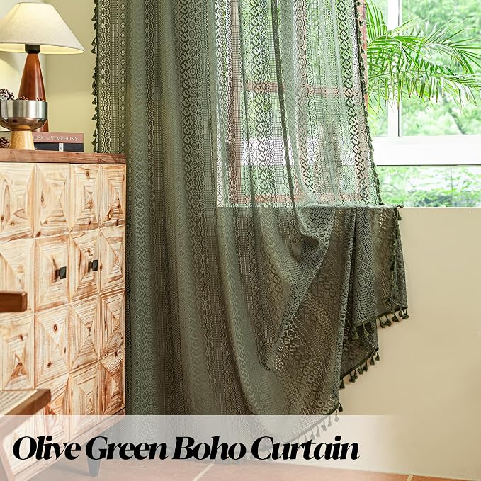 Sutuo Home Olive Green Boho Curtains 90 inches, Crochet Lace Sheer Bohemian Hollow Knitted Handmade Tassels, Privacy Vintage Farmhouse for Bedroom Living Room Easter Decor, 1 Panel 59" W x 90" L