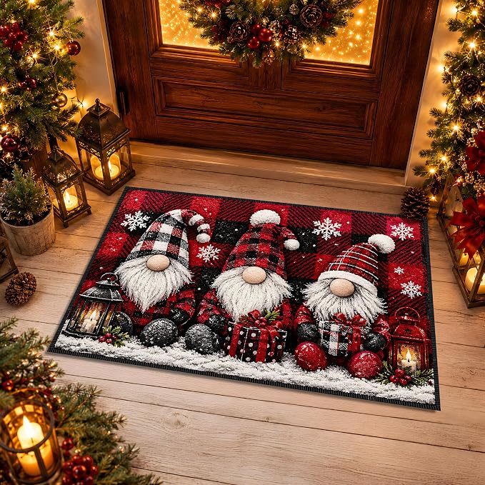 Christmas Gnome Area Rug 15.7x23.6 Inch, Faux Cashmere Non Slip Floor Mat, Red Black Plaid Holiday Rug for Entryway Bedroom Kitchen (Three Gnomes, 15.7x23.6inch)