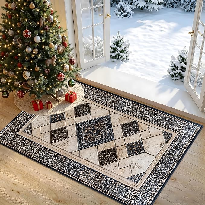 Vintage Geometric Mosaic Rug 15.7x23.6 Inch, Faux Cashmere Non Slip Small Area Rug, Decorative Indoor Floor Mat for Entryway Bedroom Kitchen (Geometric Grid, 15.7x23.6inch)