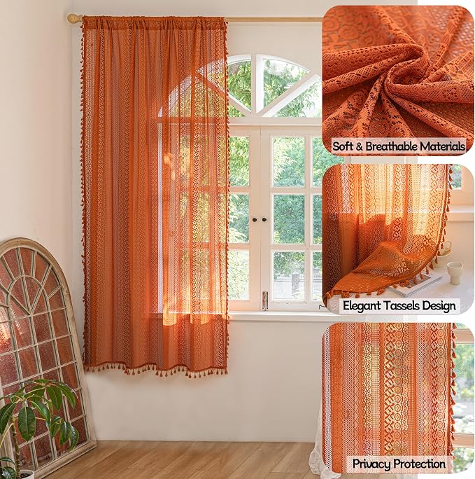 Sutuo Home Boho Curtains 72 inches Long for Bedroom Living Room, Crochet Country Lace Sheer Bohemian Hollow Knitted with Tassels,Window Treatment Drapes, Rod Pocket 1 Panel 59" W x 72" L,Burnt Orange
