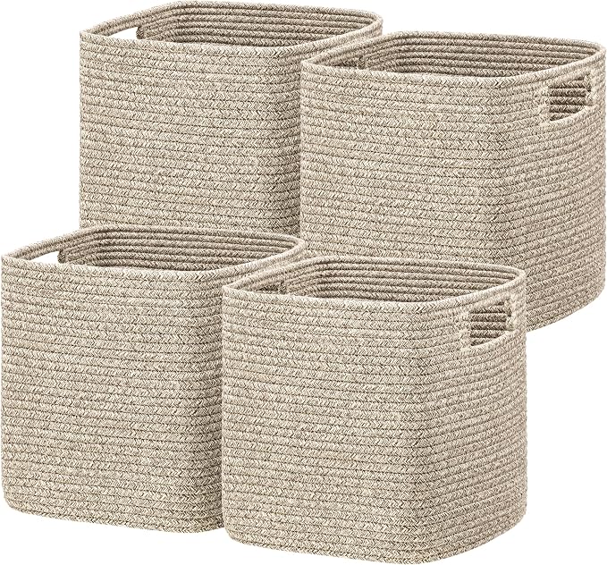 UBBCARE Set of 4 Storage Basket-12 X 12 X 12 in, Cotton Rope Basket for Shelves, Toys, Book, Cube Storage Bins with Handles, Woven Storage Baskets for Organizing, Mix-Brown