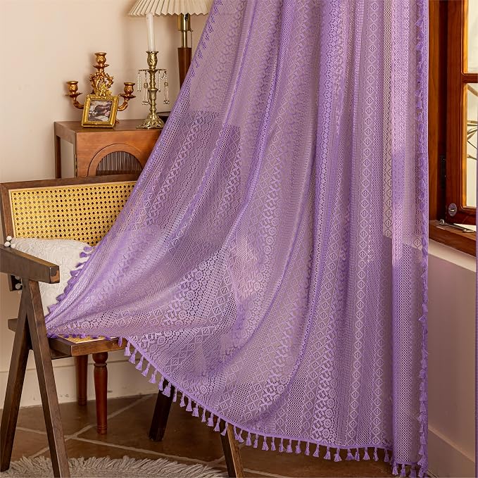 Sutuo Home Lavendar Boho Lace Curtains for Kitchen Kid's Room, Semi Sheer Macrame Bohemian Cottagecore Farmhouse Fringes Crochet Vintage Chic Window Treatment Drapes, Rod Pocket 1 Panel 59" W x 63" L