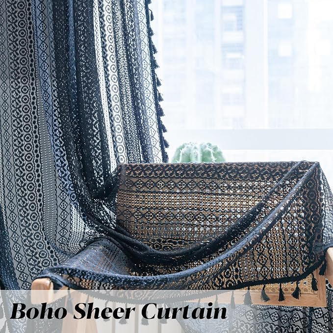 Sutuo Home Black Crochet Boho Curtain 63 Inches Length, Sheer Lace Handmade Tassels Knitted Window Treatment Vintage Rustic Bohemian Farmhouse Drape for Bedroom Rod Pocket 1 Panel 59" W x 63" L