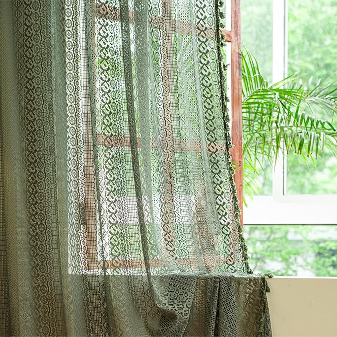 Sutuo Home Olive Green Boho Curtains 96 inches Long for Living Room Bedroom,Crochet Lace Sheer Bohemian Hollow Knitted Handmade Tassels, Vintage Farmhouse Xmas Decor, 1 Panel 59" W x 96" L