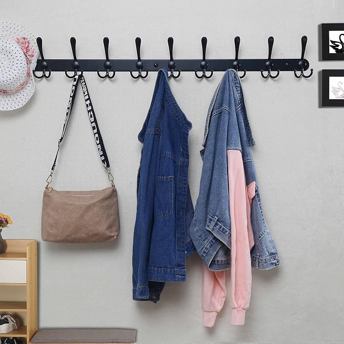 Dseap Coat Rack Wall Mount - 38” Long 10-Tri-Hooks Heavy Duty Coat Hanger Rail Wall Hooks for Hanging Coats Hats Clothing Clothes Purse Mudroom Entryway, Black, Pack of 2