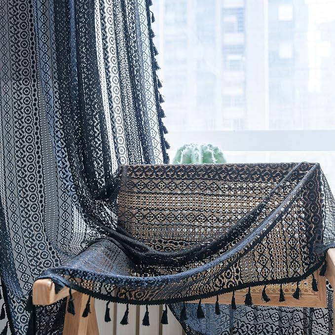 Sutuo Home Black Boho Curtain 84 Inches Length, Sheer Crochet Lace Handmade Tassels Knitted Window Treatment Vintage Rustic Bohemian Farmhouse Drape for Bedroom Rod Pocket 1 Panel 59" W x 84" L