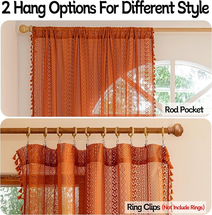 Sutuo Home Terracotta Boho Curtains for Bedroom Living Room, Crochet Lace Sheer Bohemian Style with Tassels,Window Treatment Drapes for Halloween Decor, Rod Pocket 1 Panel 59" W x 108" L, Orange