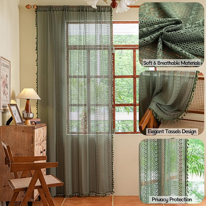 Sutuo Home Olive Green Boho Curtains 96 inches Long for Living Room Bedroom,Crochet Lace Sheer Bohemian Hollow Knitted Handmade Tassels, Vintage Farmhouse Xmas Decor, 1 Panel 59" W x 96" L
