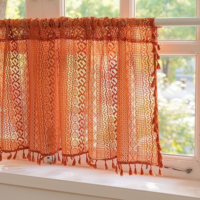 Sutuo Home Boho Valance Short Curtains for Kitchen Crochet Lace Sheer Bohemian Hollow Knitted with Tassels, Privacy Vintage Rustic Farmhouse Drapes, Rod Pocket 1 Panel 59" W x 18" L, Orange
