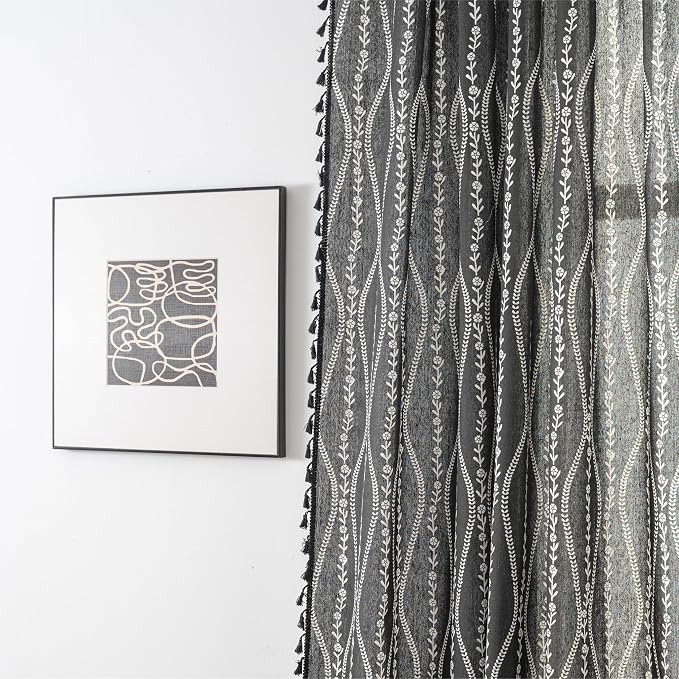 Sutuo Home Boho Curtains 63 Inches Length for Kitchen Doorway Cafe Dining Room, Stripe Floral Vintage Tassels Window Treatment Drape for Halloween Decorations Rod Pocket, 1 Panel 59" W x 63" L,Black