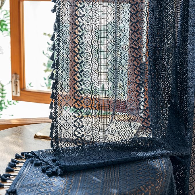 Sutuo Home Sheer Boho Curtains for Dining Room Bedroom, Window Lace Curtains Bohemian Crochet Shabby Chic Tassels French Country Long Strips Vintage Decor, Rod Pocket 1 Panel 59" W x 96" L, Navy Blue
